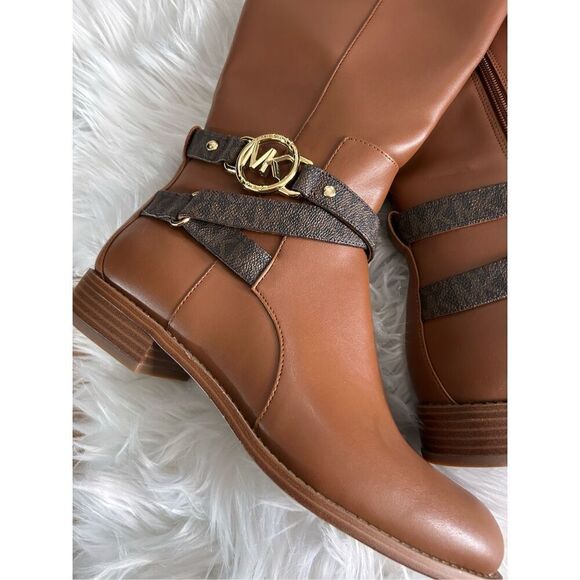 Michael Kors Rory Knee High Riding Boots MK Logo Embossed Strap Luggage Size 7. - Picture 2 of 7